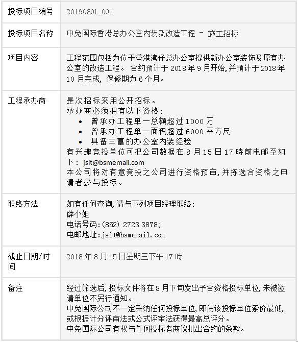 中免國(guó)際香港總辦公室內(nèi)裝及改造工程 – 施工招標(biāo)公告